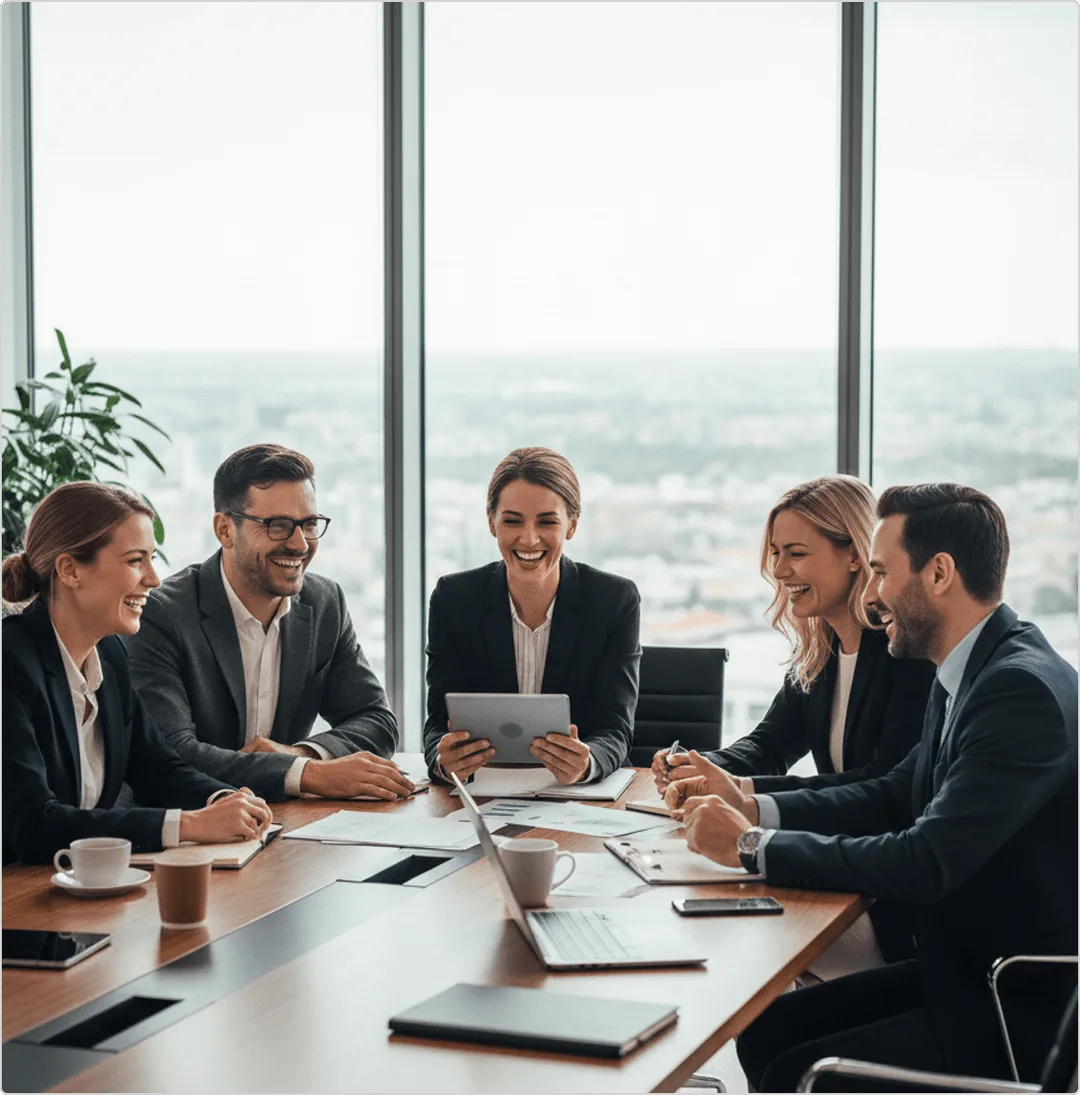Five business professionals smiling and discussing around a conference table with documents, a laptop, and coffee cups.