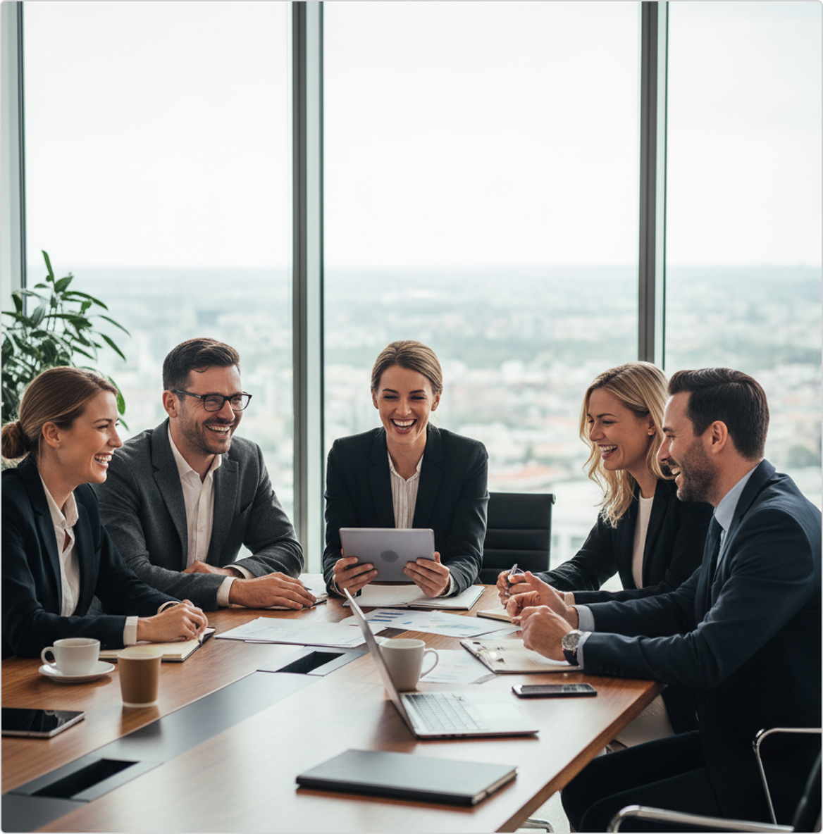 Five business professionals smiling and discussing around a conference table with documents, a laptop, and coffee cups.