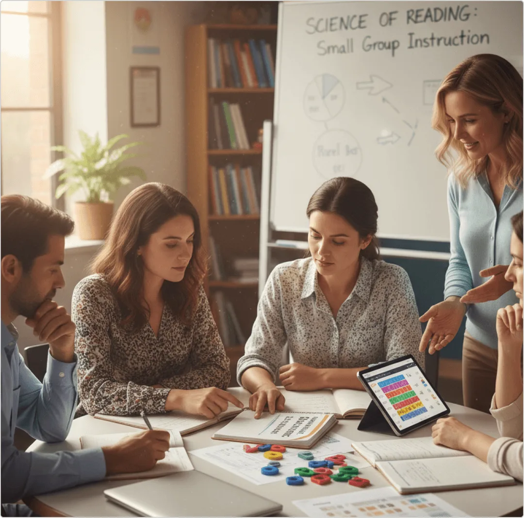 A group of adults in a classroom engaged in small group reading instruction, discussing materials and using a tablet with colorful charts.