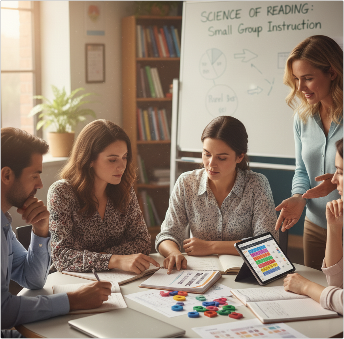 A group of adults in a classroom engaged in small group reading instruction, discussing materials and using a tablet with colorful charts.